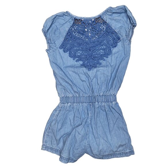 GUESS kids Embroidered Lace Back Chambray Elastic Waist Short Romper Size 6 kids - Picture 2 of 6